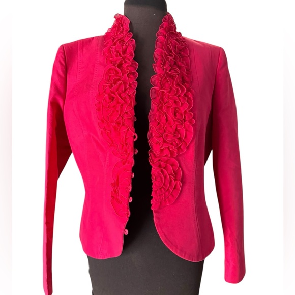 Escada Raspberry Pink Ruffle Front Blazer Silk Lined Jacket 40 US Size 10 - Picture 2 of 9